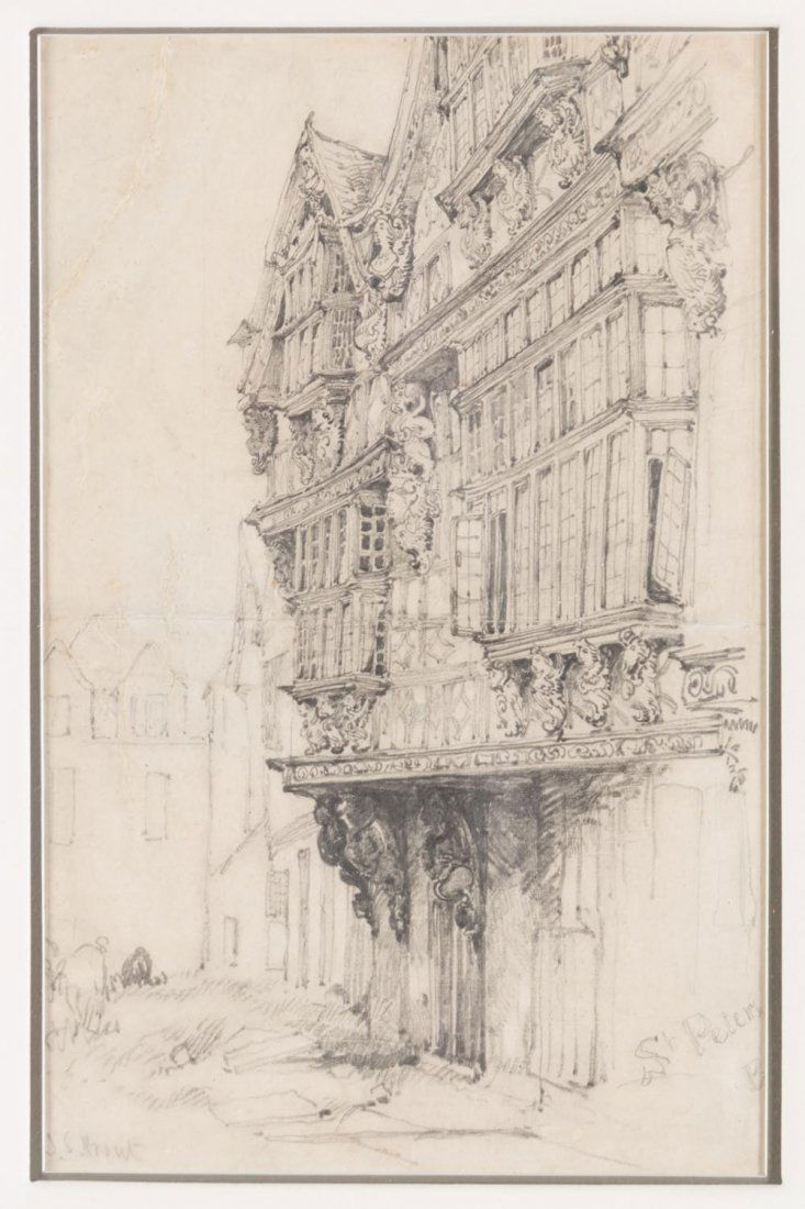 JOHN SKINNER PROUT (1805-1876): JOHN SKINNER PROUT (1805-1876) "Old house at St .Pierre, Caen, Normandy, France" pencil on paper signed and titled in image and verso 28.5 x 18cm