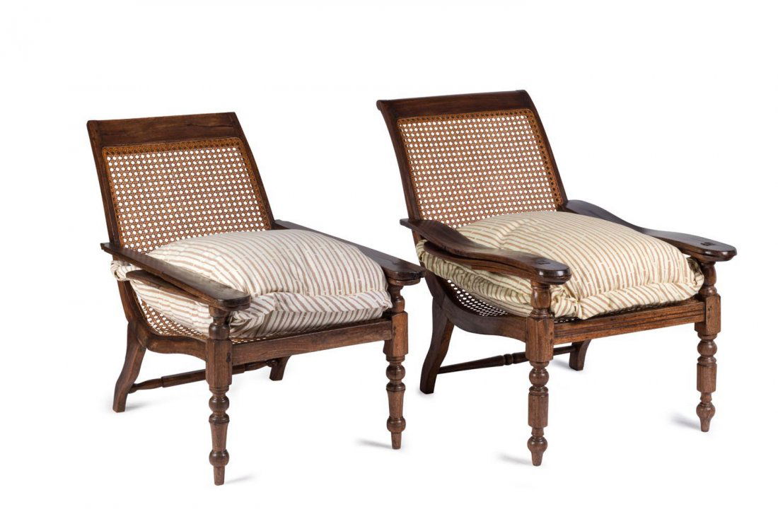 Two caned hardwood plantation chairs: Two caned hardwood plantation chairs