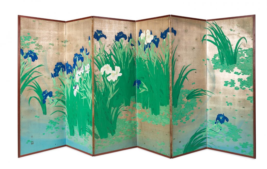 A fine Japanese six panelled folding screen, Taishõ: A fine Japanese six panelled folding screen, Taishõ period, (1912–26) decorated with abundant blue and white irises on metallic ground, signed lower left ​350cm wide, 167cm high