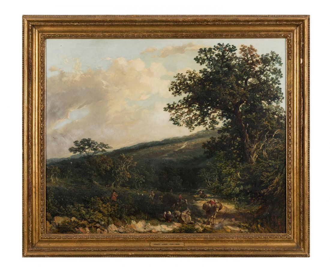 JAMES STARK (1794-1859) (Attributed): JAMES STARK (1794-1859) (Attributed) Woodland path with figures and animals oil on canvas 50 x 61cm