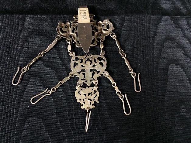 Silver chatelaine: European continent silver chatelaine. Second half of 19th Century L: 7,6 cm, H: 12,7 cm (H: 5 inch, L: 3 inch)