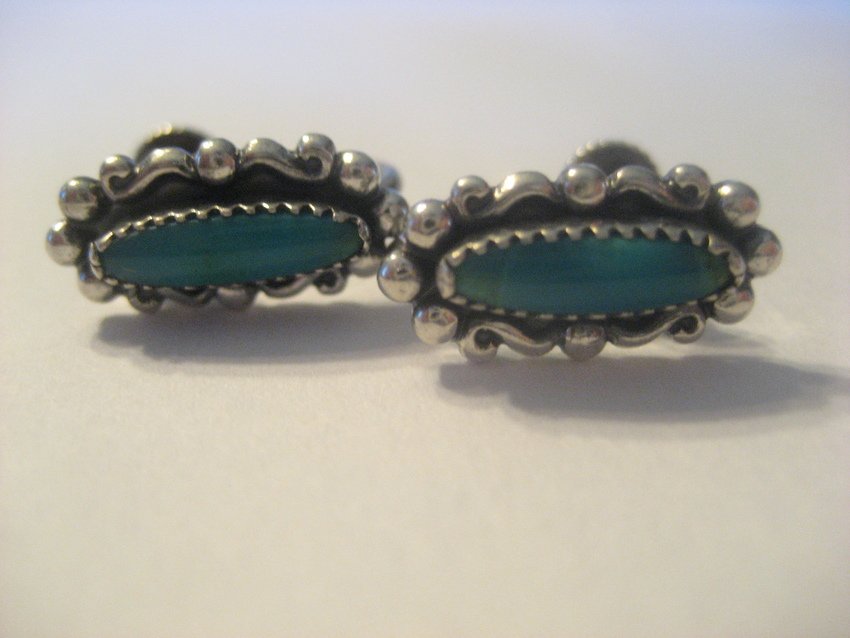 Sterling Turquoise Screwback Earrings: Beautiful silverwork, 1/4” wide by 5/8” long.