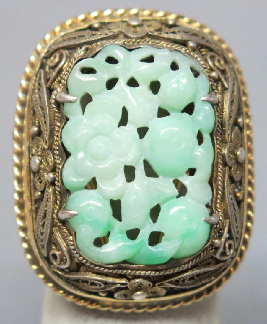 CHINESE CARVED JADE AND SILVER VERMEIL RING (1 of 2)