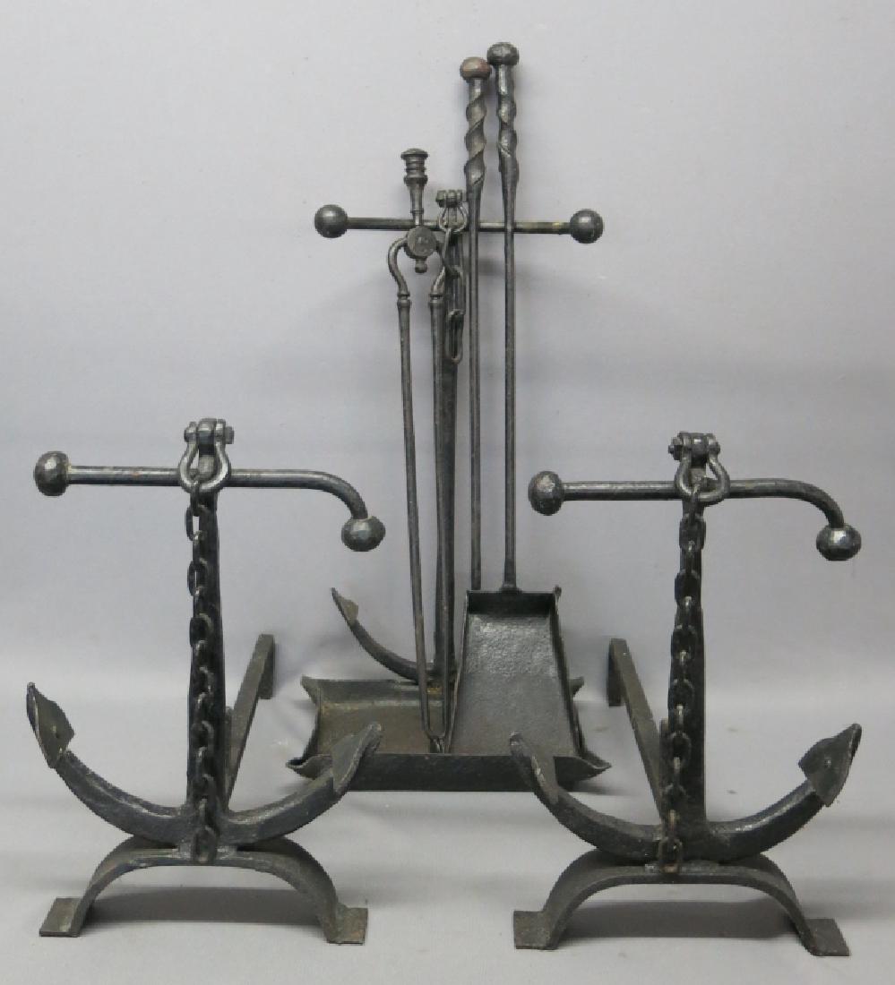 CAST IRON ANCHOR ANDIRONS AND FIRETOOL SET (1 of 2)