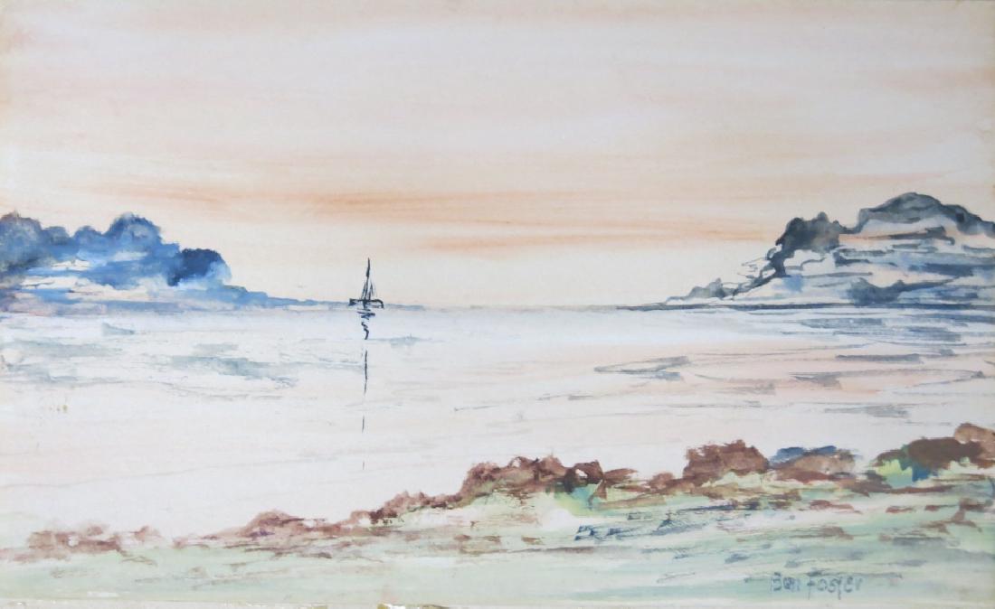 BEN FOSTER MINIATURE WATERCOLOR SEASCAPE: 3" X 5 1/2"; CT/NY/ME 1852-1926