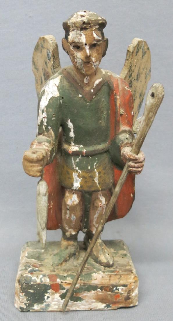 WOODEN SAINT RAPHAEL CARVED AND PAINTED SANTOS: 10" TALL