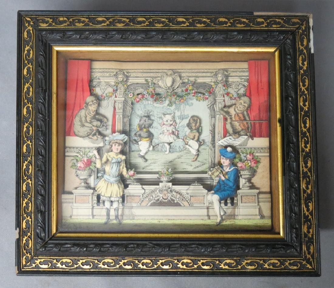 GERMAN OR SWISS MECHANICAL SHADOWBOX AUTOMATON: GERMAN OR SWISS MECHANICAL SHADOWBOX AUTOMATON HAND COLORED LITHOGRAPHY, WITH SEVEN MOVING FIGURES; MUSIC BOX MECHANISM SEEMS TO BE FROZEN