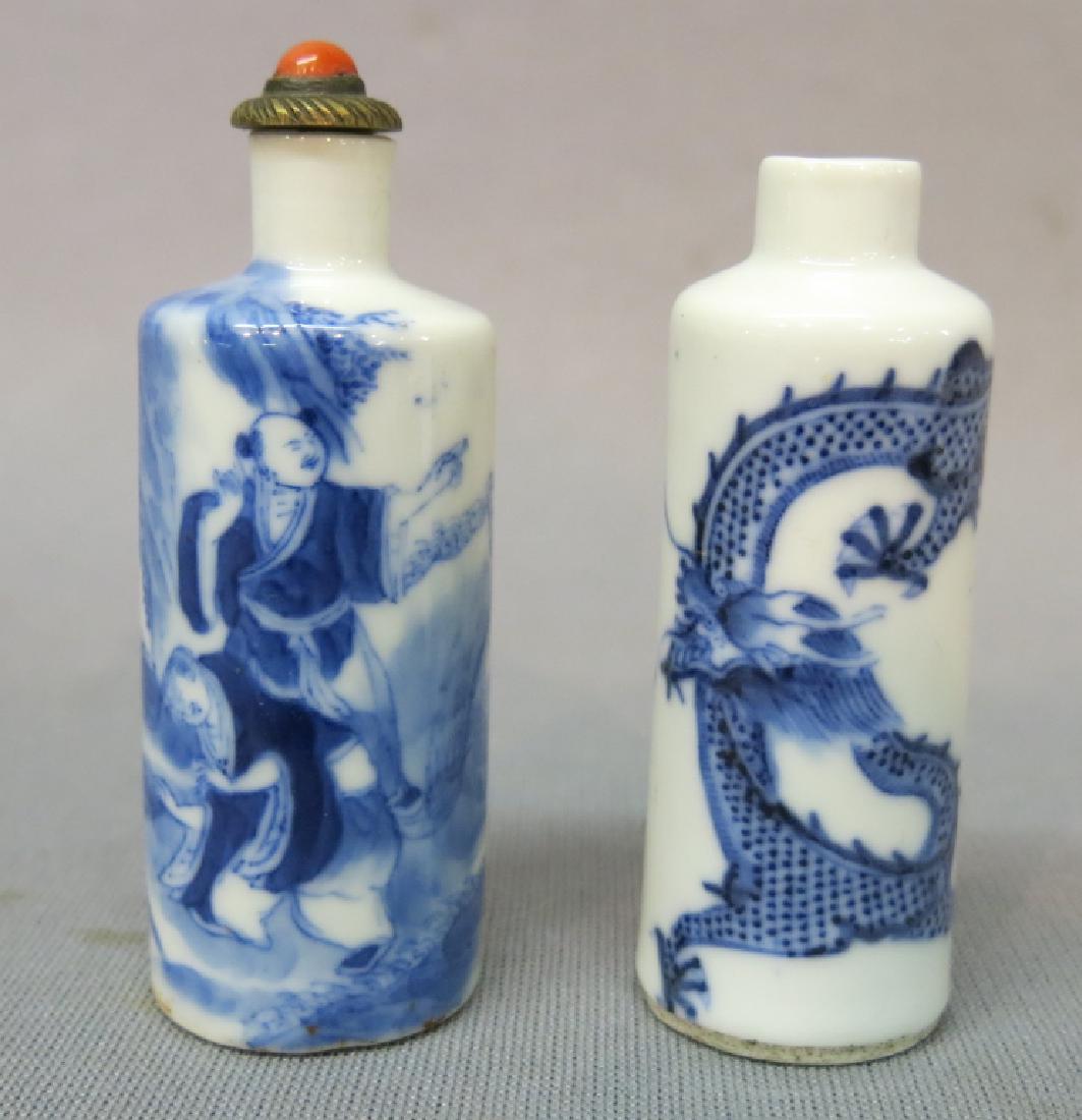 TWO CHINESE BLUE + WHITE PORCELAIN SNUFF BOTTLES (1 of 6)
