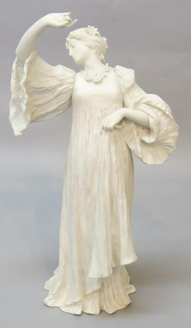 SEVRES PORCELAIN STATUETTE OF A LADY IN GOWN: SEVRES PORCELAIN STATUETTE OF A LADY IN GOWN PARIAN PORCELAIN, MANNER OF AGATHEN LEONARD;17 1/2" TALL; SOME DAMAGE TO FINGERS
