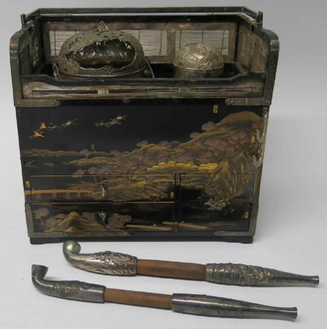 CHINESE LACQUER OPIUM SET & TWO PIPES (1 of 7)