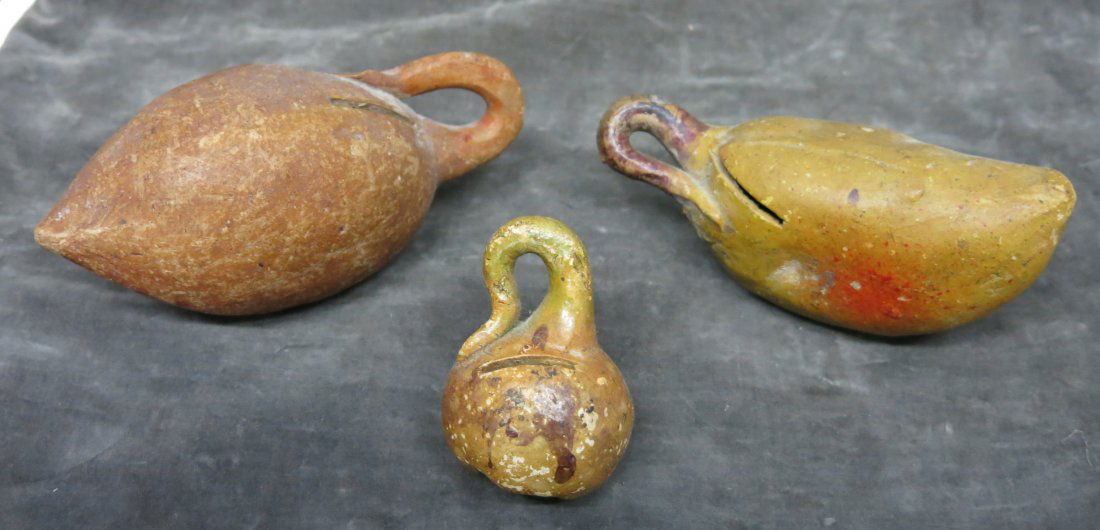 THREE EARLY REDWARE GOURD FORM STILL BANKS (1 of 2)