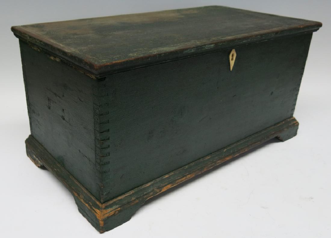 MINIATURE PINE BLANKET CHEST IN OLD GREEN PAINT: WITH TILL BOX AND BONE ESCUTCHEON; 10 1/2" X 21" X 10"H