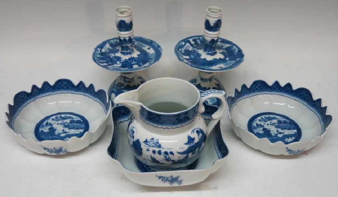 MOTTAHEDEH SERVING BOWLS, PITCHER & CANDLESTICKS: 6 PIECES CANTON BLUE PATTERN; MAJOR REPAIR AND CHIP ON ONE CANDLESTICK