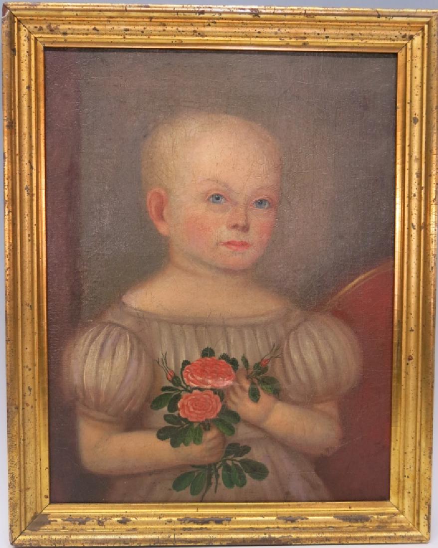 EARLY AMERICAN OIL PORTRAIT OF A CHILD WITH FLOWER (1 of 4)