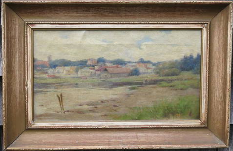 JOHN WILLARD RAUGHT VILLAGE LANDSCAPE OIL PAINTING: DATED 1895; 18" X 10" ON CANVAS; ONE OLD REPAIR MADE TO CANVAS, PLUS A VISIBLE "STRETCHER LINE"; (PENNSYLVANIA/NY 1857-1931)