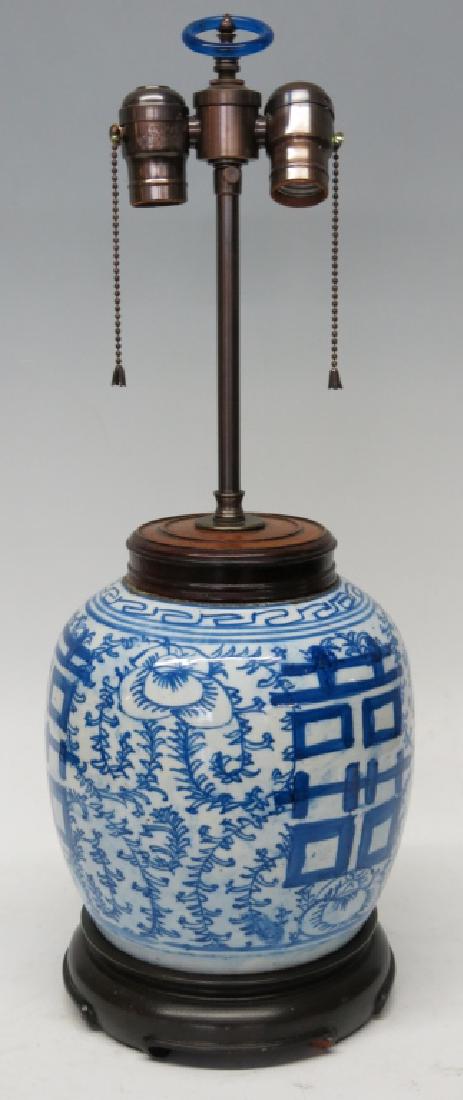 CANTONESE PORCELAIN GINGER JAR CONVERTED TO A LAMP: PORCELAIN MEASURES 8" TALL