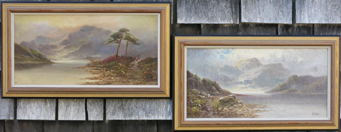 PAIR OF OIL PAINTINGS BY DAVID HICKS - LOCH SCENES: 8" X 16"; (UNITED KINGDOM, 19TH/20TH C.)