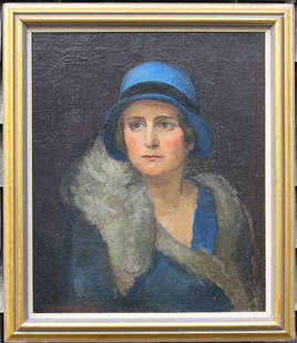 GLENN O. COLEMAN OIL PORTRAIT OF A WOMAN: WITH A BLUE HAT, RELINED, (NEW YORK / OHIO 1887-1932); IMAGE MEASURES 24" X 20"
