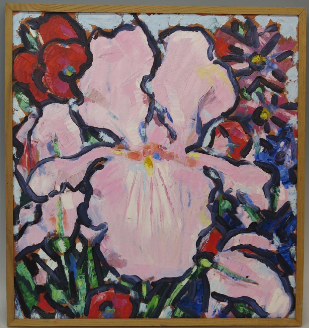 JOHN SEERY ACRYLIC OF A PINK IRIS: DATED1989, PAINTED ON A 28" X 30" CANVAS;(MASS/NY b. 1941)