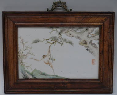 HANDPAINTED 19TH C. CHINESE PORCELAIN TILE: WITH SCENE OF A MONKEY AND A BEEHIVE, SET IN A HARDWOOD FRAME; TILE MEASURES 11 1/2" X 7 1/4", (CHIP ON TOP EDGE AS SEEN IN PHOTO)