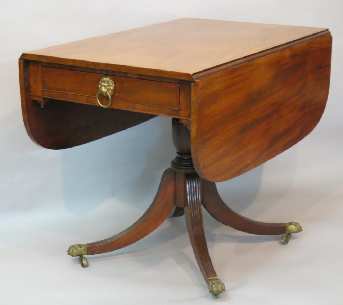 PERIOD DUNCAN PHYFE DROPLEAF MAHOGANY TABLE: WITH ONE DRAWER; TWO FEET PROFESSIONALLY REPAIRED, MINOR LAMINATE LOSS AROUND DRAWER; 28 1/2"H X 36" X 24"