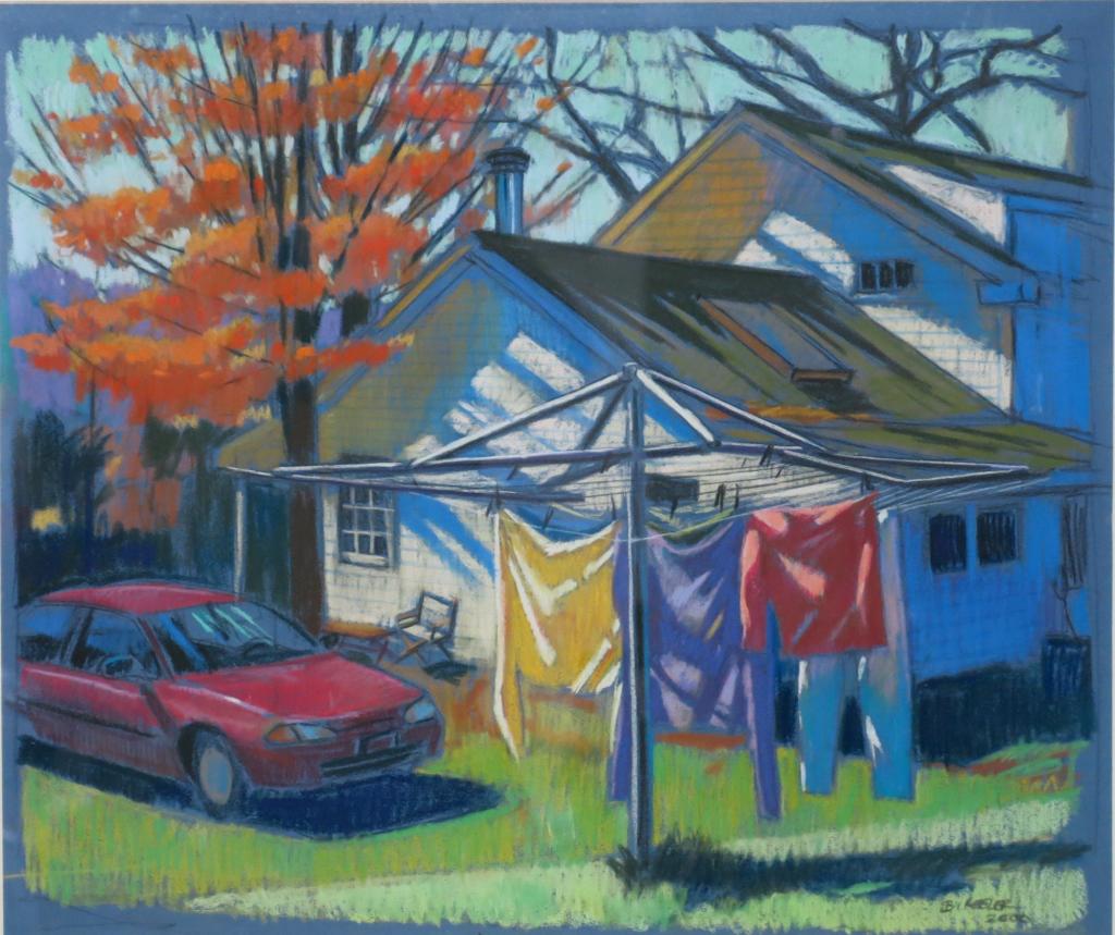 BRIAN KEELER PASTEL "AUTUMN LAUNDRY": NEAR DALTON, PA; 19" X 23" IMAGE (PENNSYLVANIA ARTIST, BORN 1953)