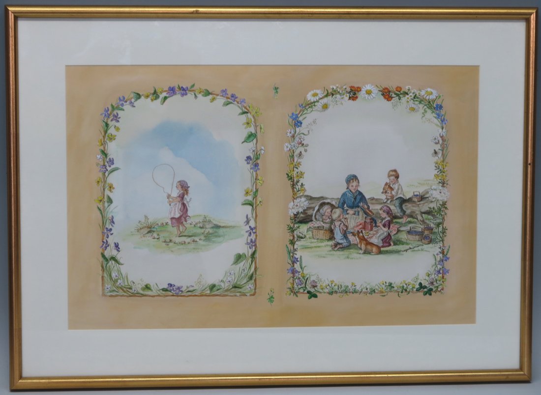 ORIGINAL TASHA TUDOR BOOK COVER ILLUSTRATIONS: FRONT AND BACK ARTWORK FRAMED TOGETHER FROM HER 1979 BOOK "THE SPRINGS OF JOY"; 14" X 21 1/2" IMAGE