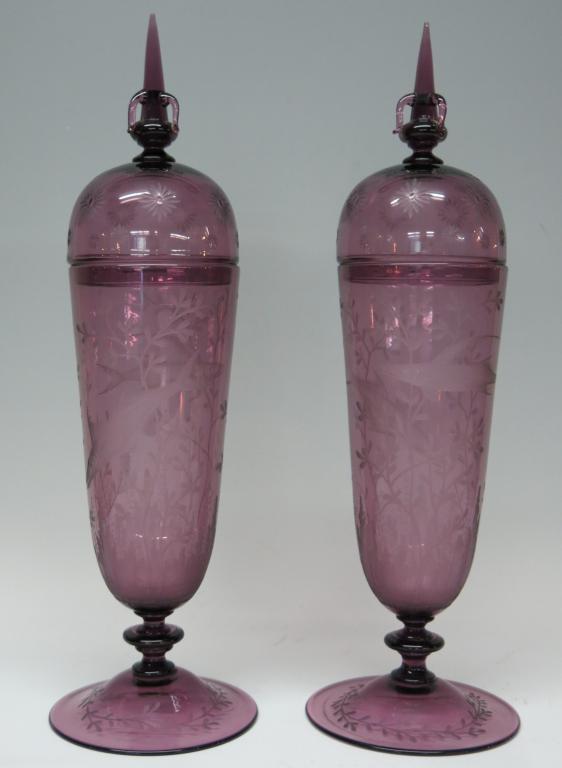 PAIR OF TALL HANDBLOWN LAVENDAR GLASS JARS (1 of 4)