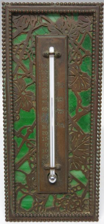 TIFFANY STUDIOS BRONZE THERMOMETER: GRAPEVINE" PATTERN, SLAG GLASS PANEL AS IS; 8 1/2" X 4 3/4