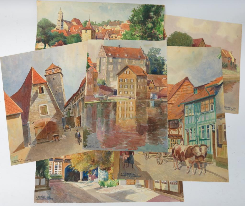 LOT OF SIX EUROPEAN WATERCOLORS BY C. HADENFELDT (1 of 2)