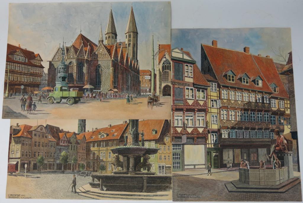 LOT OF 3 INK AND WASH EUROPEAN FOUNTAIN SCENES (1 of 3)