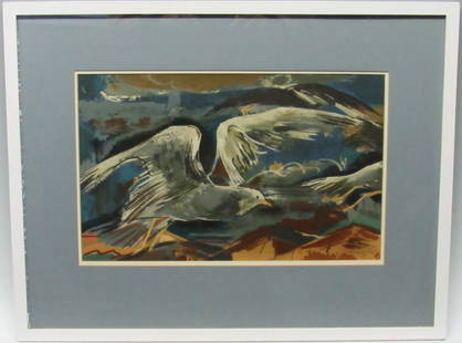 ZOLTAN SEPESHY ORIGINAL SERIGRAPH OF SEAGULLS: (HUNGARY, MICHIGAN, 1898-1974); 11 1/2" X 18 1/2" IMAGE; 21" X 27" FRAME