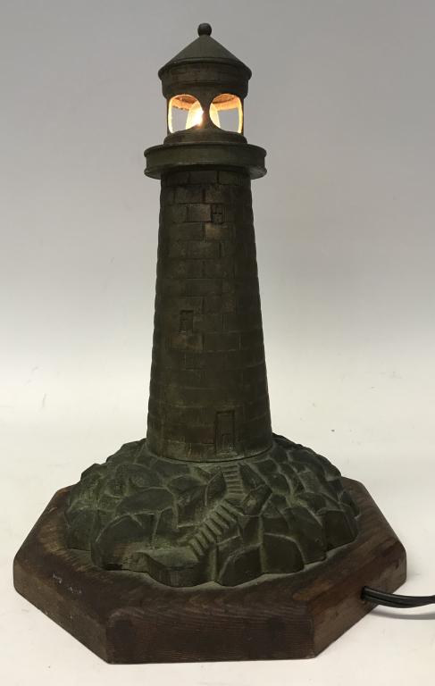 BRONZE LIGHTHOUSE TABLE LAMP ON A PINE BASE (1 of 2)