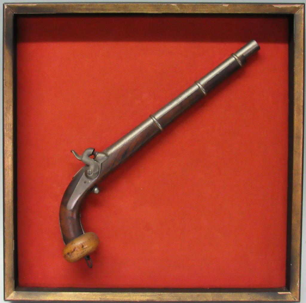 EARLY PERCUSSION PISTOL WITH ENGLISH PROOF MARK: 12 1/2" BARREL, 18" OVERALL LENGTH - SOME RESTORATIONS TO STOCK