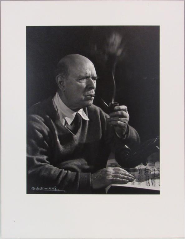 YOUSUF KARSH PORTRAIT OF PABLO CASALS SMOKING: (CANADA, MASSACHUSETTS 1908-2002); GELATIN SILVER PRINT SIGNED IN LOWER LEFT; 9 1/2" X 7 1/2" IMAGE ON 10 1/2" X 13 1/4" CARD