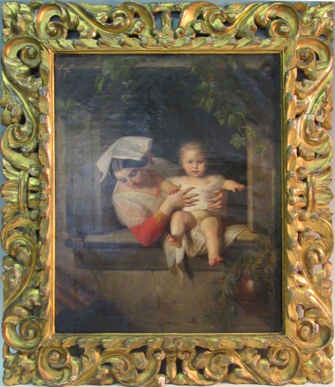 OLD MASTER SCHOOL OIL PAINTING OF WOMAN & CHILD: IMAGE 25" X 20", FRAME 34" X 29", SOME LOSS TO FRAME, BLACKLIGHT SHOWS EVIDENCE OF A RESTORATIVE CLEANING/WASH, BUT THERE ARE NO REPAIRS AND PAINTING HAS NOT BEEN RELINED