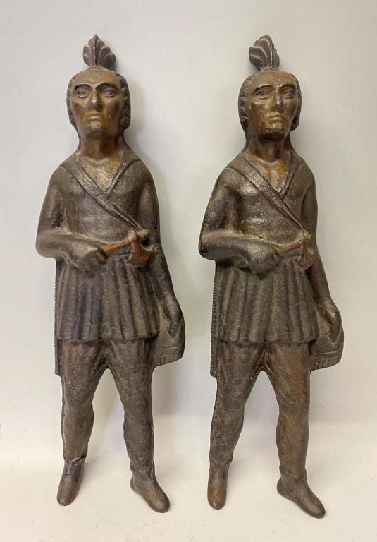 PAIR OF 19TH C. CAST IRON INDIAN FIGURAL ANDIRONS: DEPICTING CHEIF MASSASOIT OF THE WAMPANOAG TRIBE; 19" TALL WITH SOME OF THEIR EARLY PAINT STILL INTACT