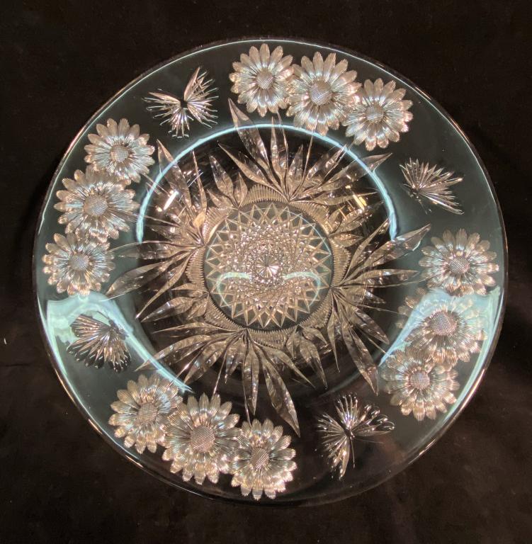 MT. WASHINGTON/PAIRPOINT 13" DAISY/BUTTERFLY BOWL: WITH DAISY & BUTTERFLY PATTERN WITH NICE LARGE HOBSTAR CENTER, DESIGNED BY ALBERT STEFFIN IN 1909 FOR MT. WASHINGTON OR PAIRPOINT; BRIGHT CLEAR BLOWN BLANK, HAND POLISHED; 13 1/4" DIAMETER, 2 1/2" HIG