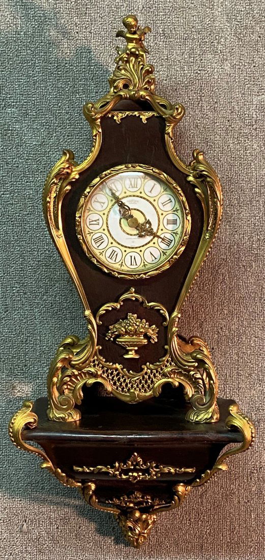 BRONZE ORMALU MOUNTED CLOCK AND SHELF: ANGELUS CARILLON, BY SPRITZER & FUHRMANN (SWISS); CLOCK IS 18" TALL, SHELF ADDS APPROX. 6 1/2"