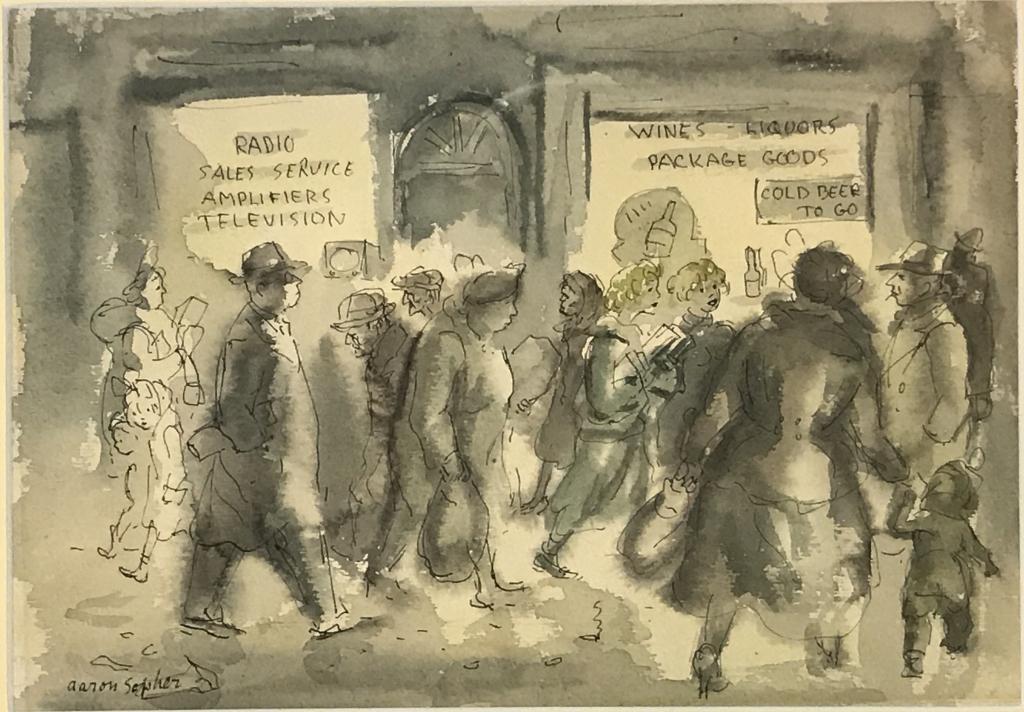 AARON SOPHER PEN AND WATERCOLOR OF A BUSY SIDEWALK (1 of 5)