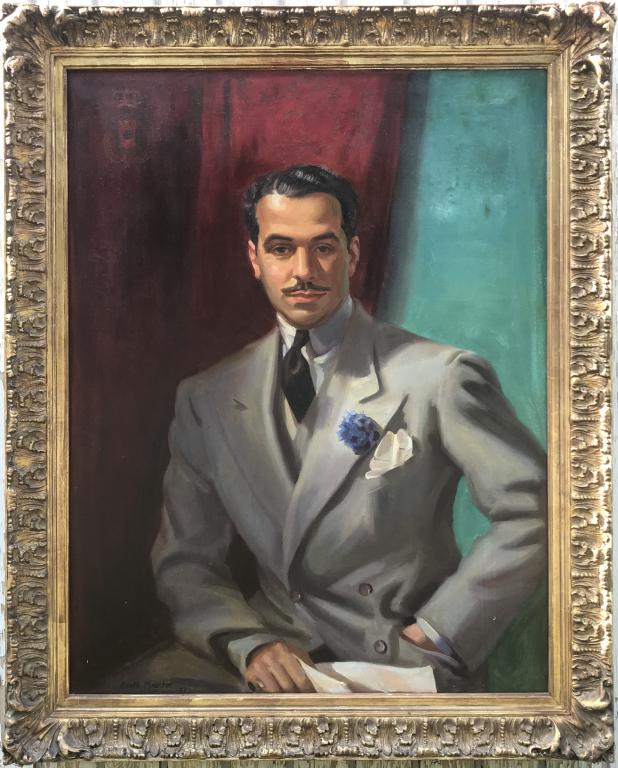 OIL PORTRAIT OF A DAPPER GENTLEMAN DATED 1937: SIGNED LOWER LEFT "KEITH MARTIN '37"; 47" X 37" IN FRAME, 40 1/2" X 30 1/2" CANVAS; SMALL SPOT OF PAINT LOSS ON RIGHT SLEEVE