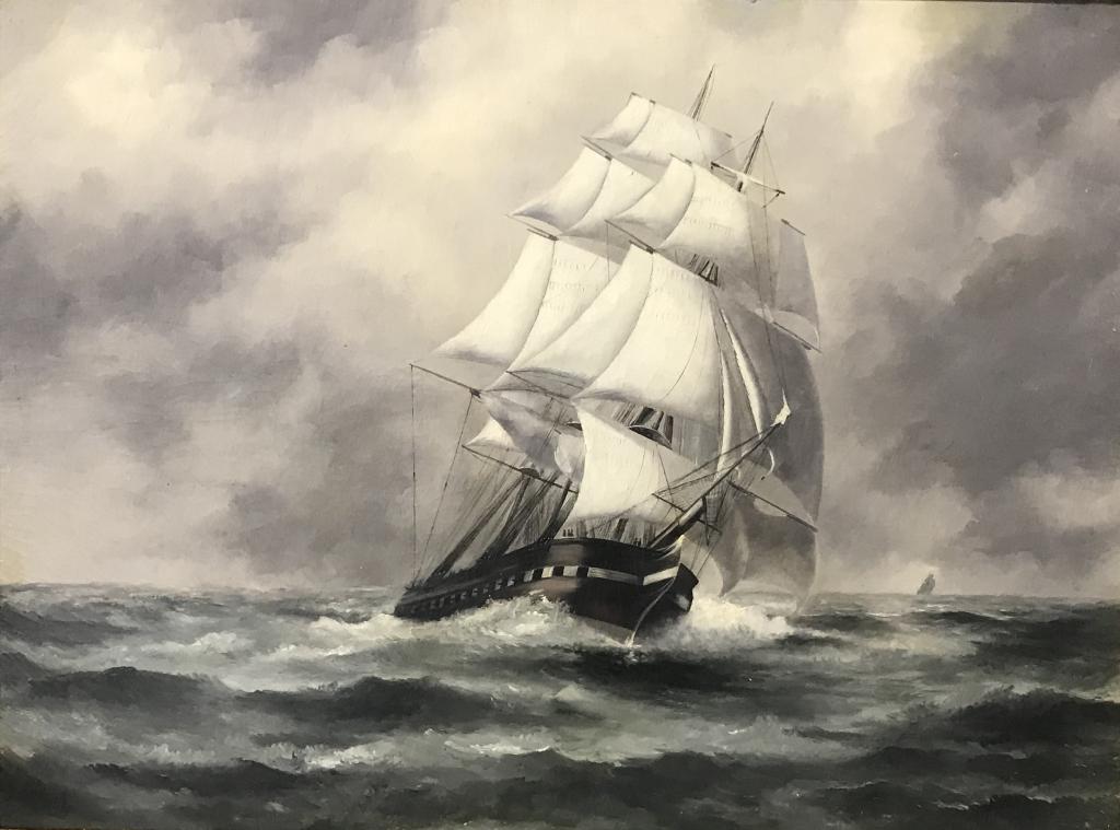OIL OF THE SHIP "CHARLOTTE" BY A.W. MORRELL: INSCRIBED ON REVERSE: "SHIP CHARLOTTE, BUILT SALEM, MA 420 TONS"; OIL ON 32" X 24" CANVAS (REPAIRS)