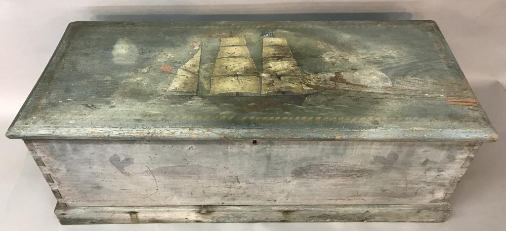 EARLY PINE SEA CHEST WITH OLD NAUTICAL DECORATION (1 of 5)