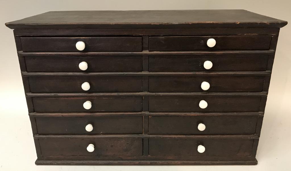 19TH C. PINE 12 DRAWER TABLE TOP CHEST (1 of 4)