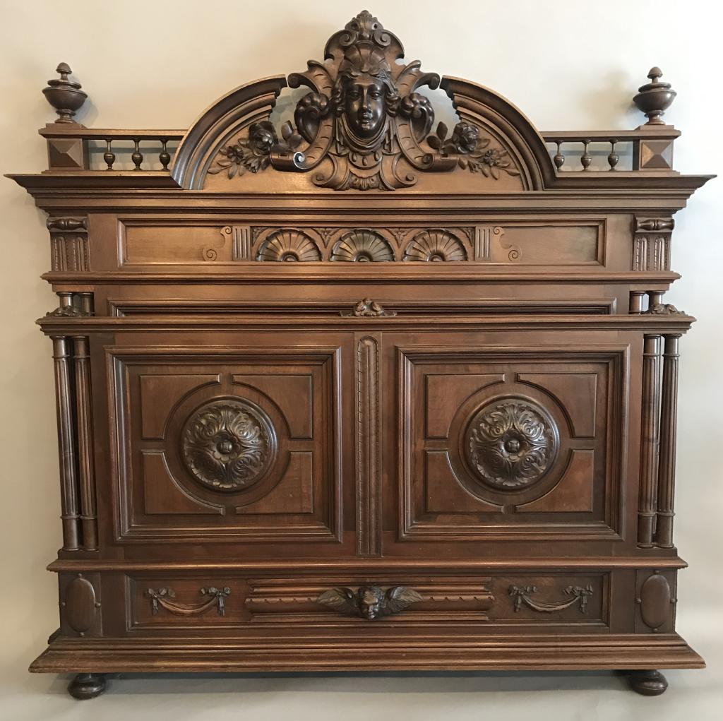 IMPRESSIVE NEO-CLASSICAL CARVED MAHOGANY BED: HEADBOARD MEASURES 62" X 62" (INTERIOR IS 54" X 76"); ONE END AT RAIL HAS BEEN REPAIRED (SEE PHOTO), ALSO SEVERAL SMALL PIECES OF WOOD LOSS