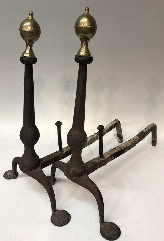 PAIR EARLY WROUGHT PENNY FOOT ANDIRONS: WITH BRASS FINIALS; 20 1/2" TALL