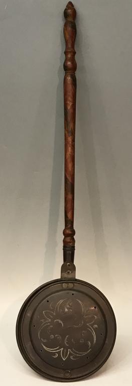 EARLY COPPER BEDWARMER WITH ENGRAVED LID AND (1 of 6)