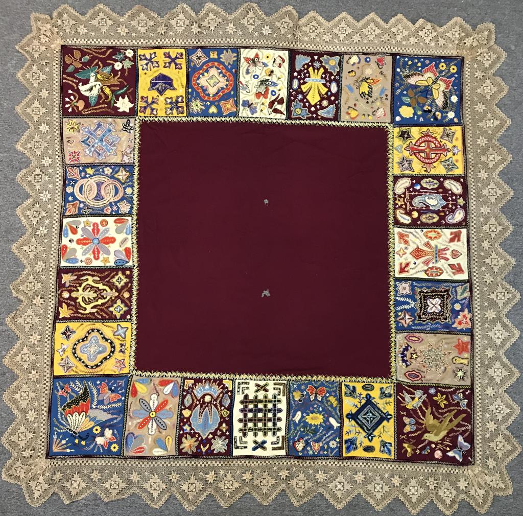 HIGHLY DETAILED EMBROIDERY SHAWL: WONDERFUL EMBROIDERED DECORATION WITH SEVERAL HAND PAINTED ELEMENTS; 66" X 66"; TWO SMALL HOLES IN VELVET CENTER