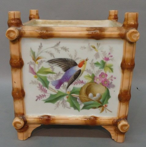 HAND PAINTED OLD PARIS PORCELAIN PLANT POT: HAND PAINTED OLD PARIS PORCELAIN PLANT POT SQUARE FORM WITH 'BAMBOO' CORNERS AND PANELS OF FLOWERS AND BIRDS (CHIP ON FOOT)