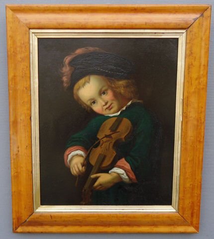 OIL PAINTING ON TIN PANEL PORTRAIT OF A YOUNG BOY: OIL PAINTING ON TIN PANEL PORTRAIT OF A YOUNG BOY WITH VIOLIN; 13 1/2" X 10 1/2"